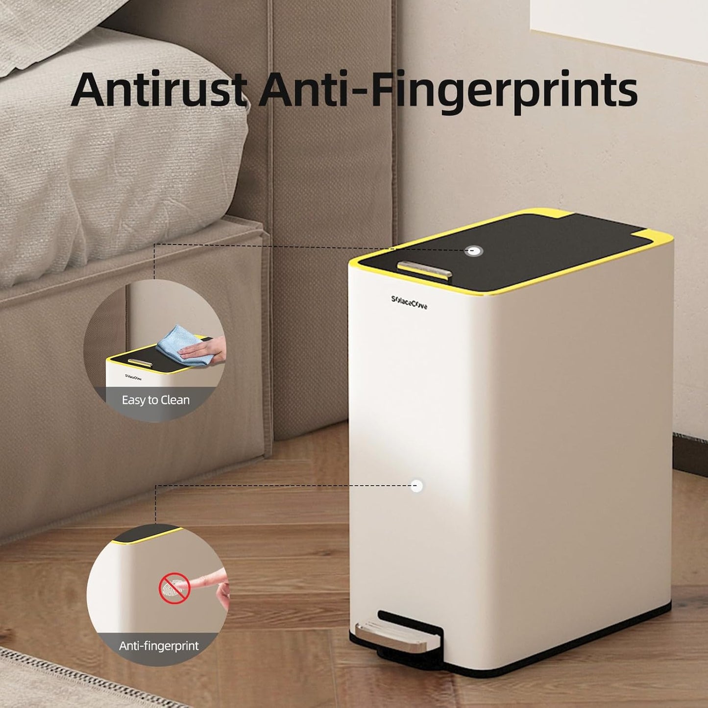 Stainless Steel 4 Gallon Slim Trash Can with Lid,15L Bathroom Garbage Can with Removable Wastebasket, Rectangular Garbage Cans for Office、 Bathroom,、Kitchen (White)