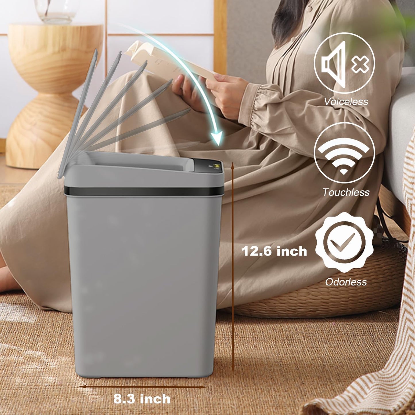 Yatmung 2.5 Gallon Motion Sensor Trash Can - Automatic Trash Can Touchless - Smart Trash Bin with Lid - Electric, Narrow, Plastic, Auto Open, Office, Bedroom, Bathroom - Small Garbage Can (Grey)