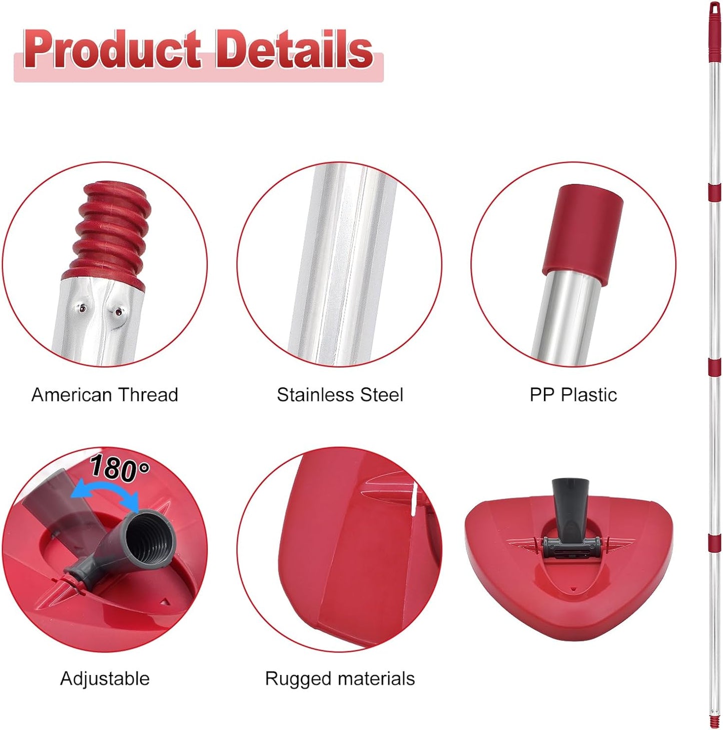 Mop Handle for Ocedar, Mop Handle for O Cedar, Spin Mops Replacement Stick and Base for Ocedar, 4-Section Mops Handles and Base for O Cedar, 30" to 58" Mop Stick Pole and Base for Cedar Mop