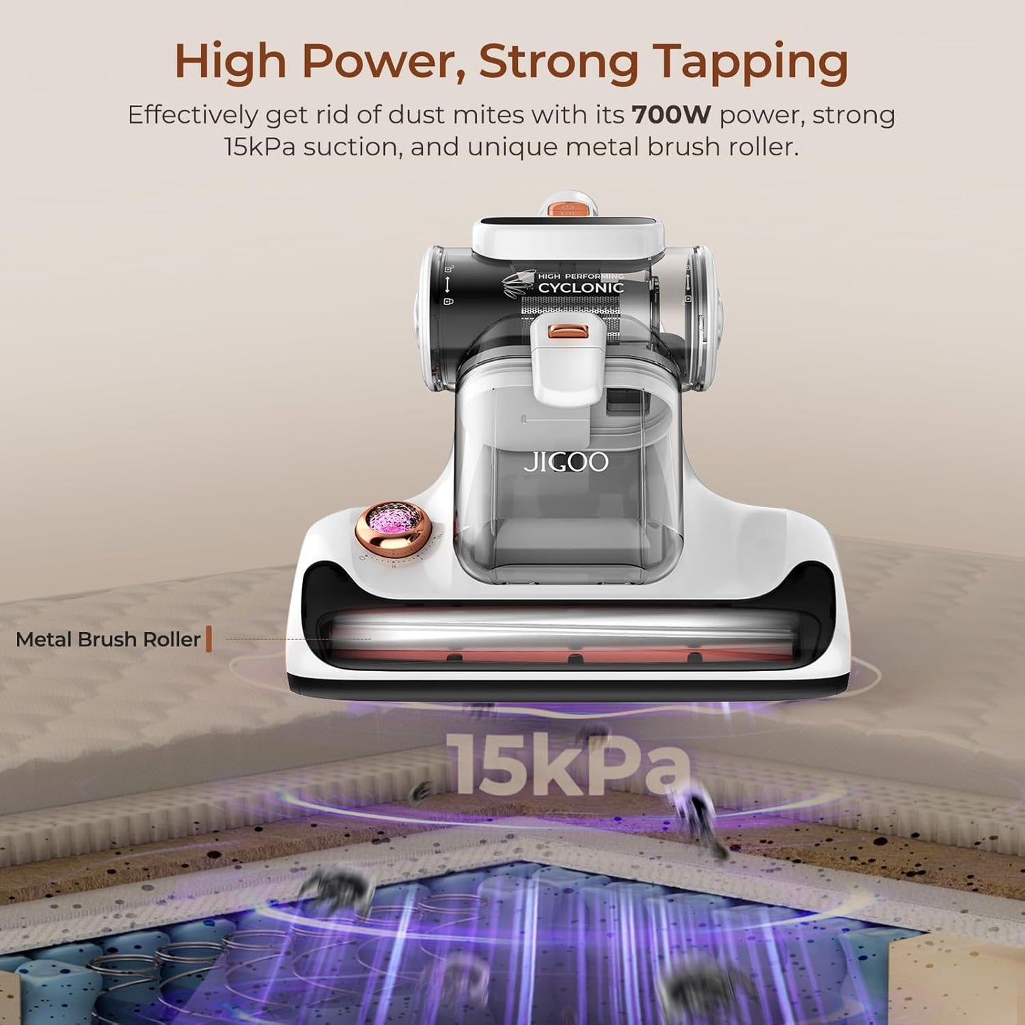 JIGOO T600 Mattress Vacuum Cleaner with UV-C Light, 15Kpa Suction 700W Powerful Double-Cup Handheld Vacuums, Bed Cleaner with Smart Dust Sensor, Ultrasonic, Heating Tech, MIF Filter, White