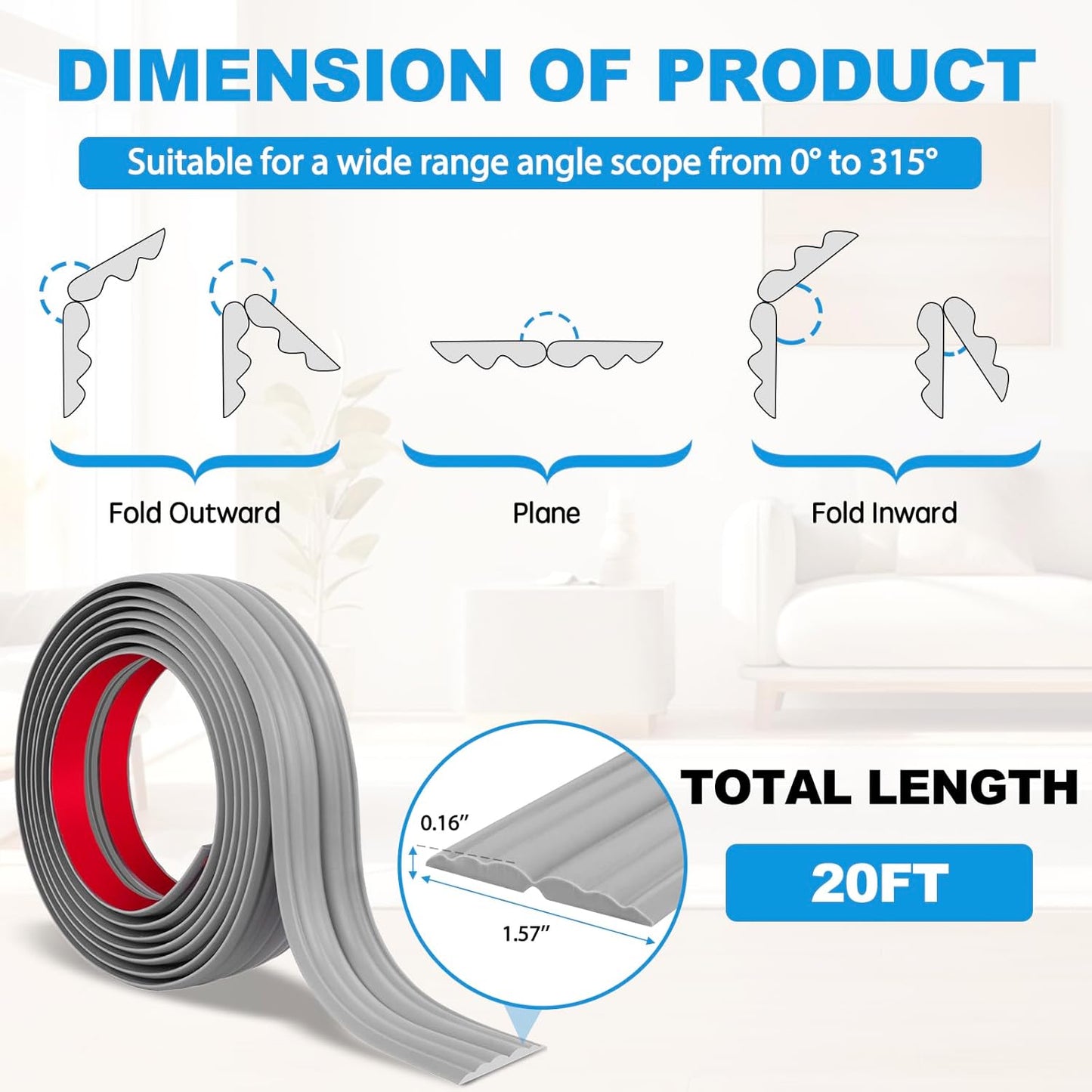 Wall Corner Protector Peel and Stick Corner Trim Molding Flexible Inside & Outside Wall Edge Guard Self Adhesive Moulding Trim for Edge Use, Gray, 1.6” W x 20’ L