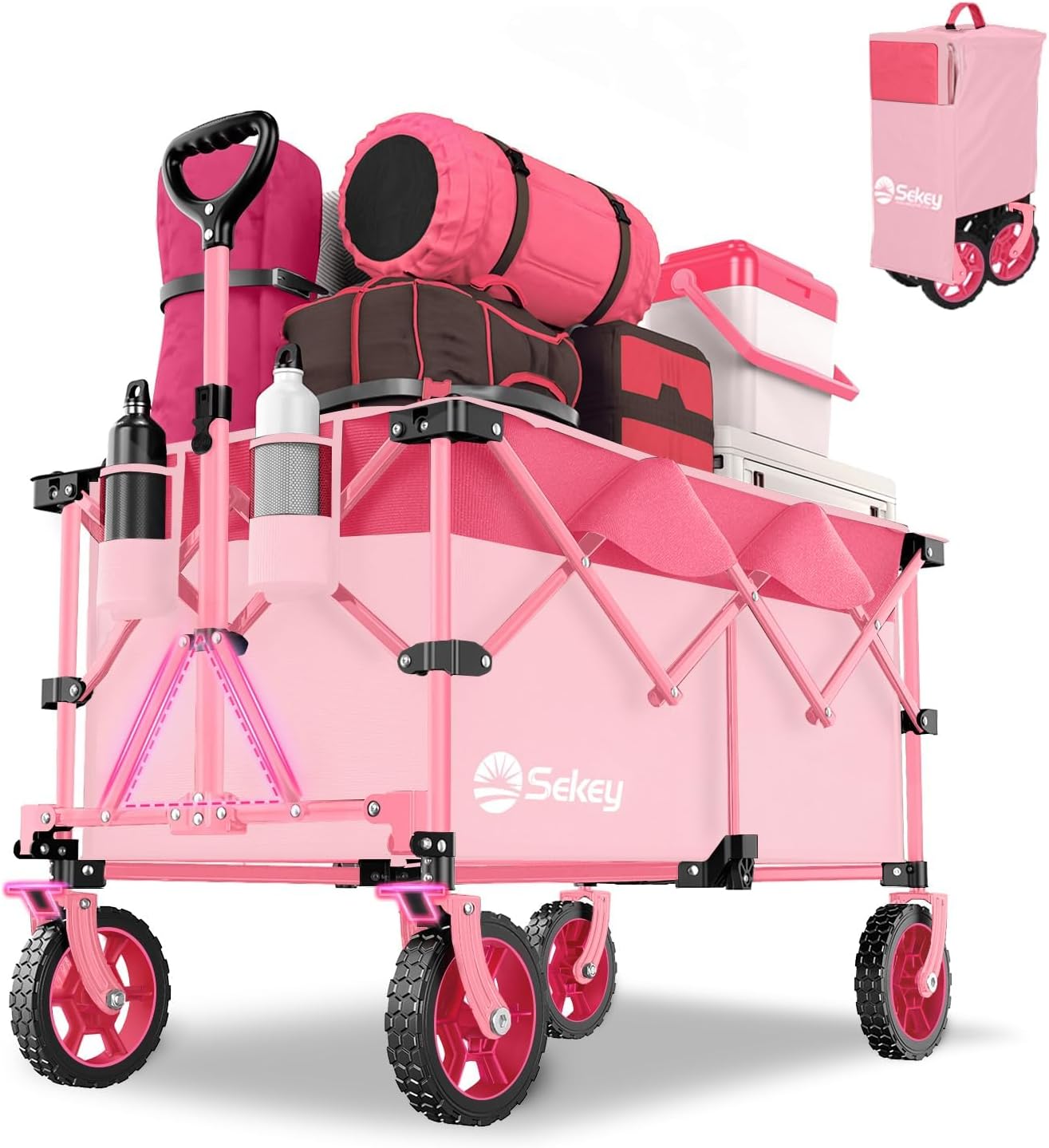 Sekey 220L Collapsible Foldable Wagon with 330lbs Weight Capacity, Heavy Duty Folding Wagon Cart with Big All-Terrain Wheels & Drink Holders (Pink)
