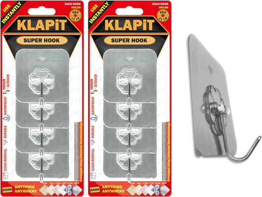 KLAPiT Super Hook - Heavy-Duty Adhesive Wall Hooks, Holds Up to 11 lbs, Waterproof, No Damage, Easy Install on Tile, Wood, Stone, Glass & Metal - Made of Steel (Silver, 8pc)