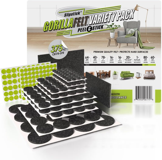 Slipstick Gorilla Felt Furniture Pads (375 Piece Variety Pack) Premium Furniture Pads & Chair Leg Floor Protectors for Hardwood Floors & Hard Surfaces