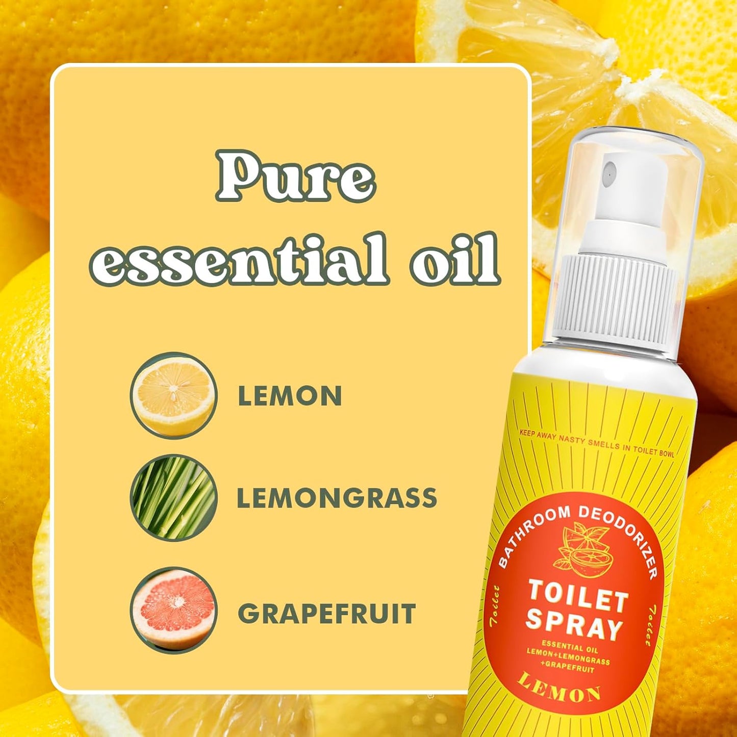 Toilet Spray for Poop Lemon, 100% Natural Plant Essential Oil, Bathroom Spray Odor Eliminator, 2 Pack