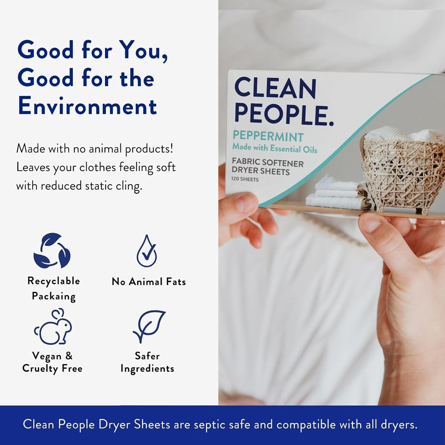 The Clean People Fabric Softener Sheets - Dryer Sheets - Softens & Removes Static Cling - Vegan Laundry Softener, Essential Oils - Peppermint 120 Pack