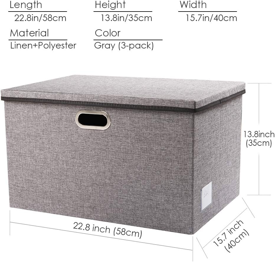 PRANDOM Extra Large Collapsible Storage Bins with Lids [3-Pack] Linen Fabric Foldable Storage Baskets Boxes Organizer Containers Cube with Cover for Bedroom Closet Office Nursery (22.8x15.75x13.8)