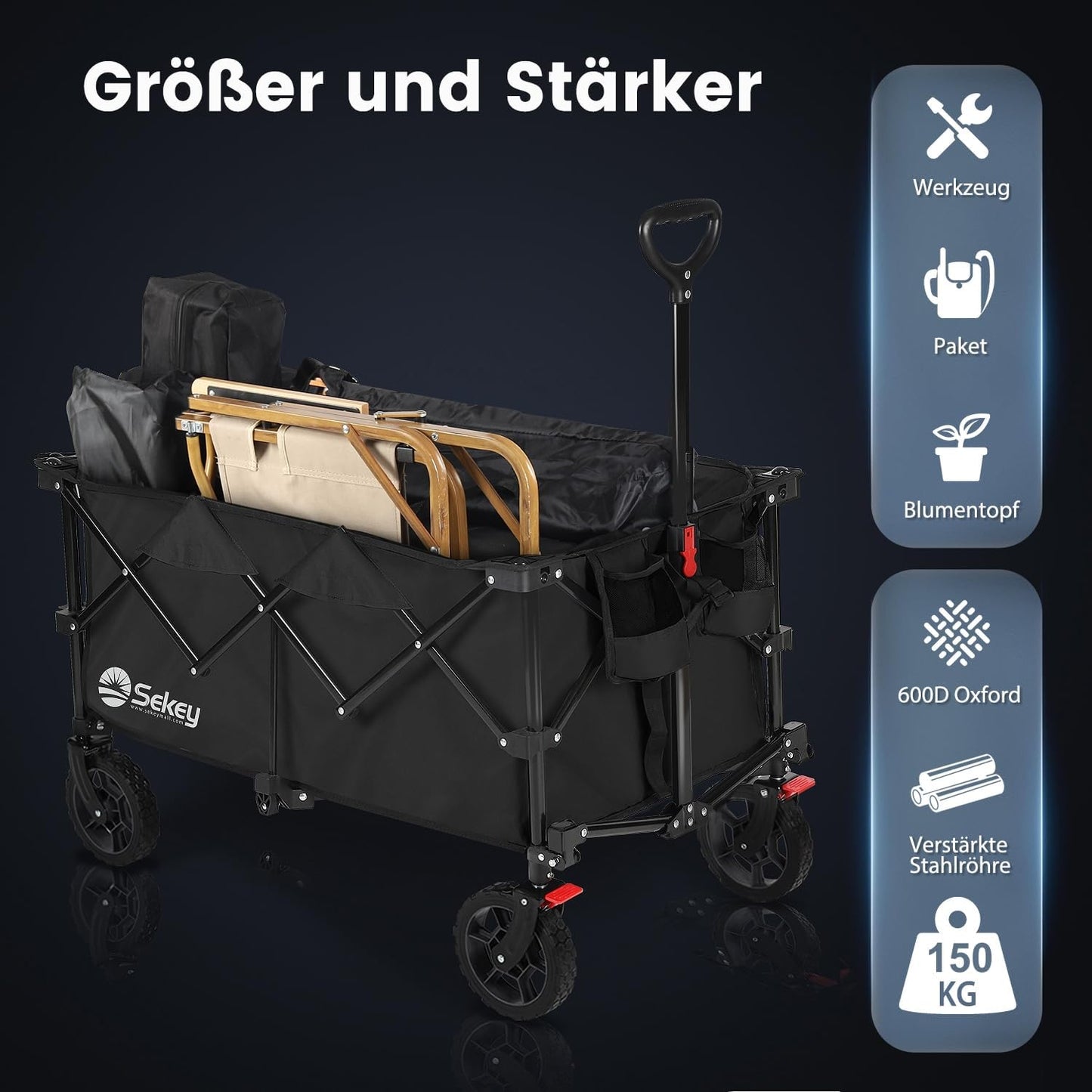 Sekey 220L Collapsible Foldable Wagon with 330lbs Weight Capacity, Heavy Duty Folding Wagon Cart with Big All-Terrain Wheels & Drink Holders (Black)