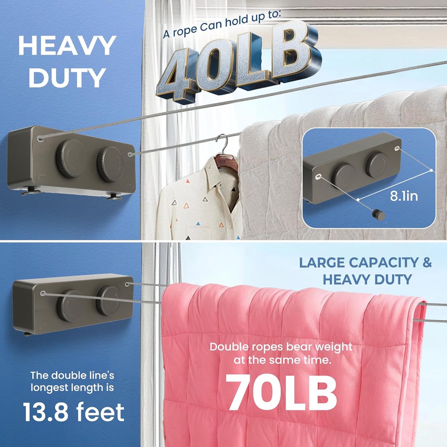 Retractable Clothesline Indoor Outside Heavy-Duty, Upgrade 304 Double Stainless Steel Shower Room Clothes line, Fit Rv Balcony Courtyards Indoor Drying Rack Clothesline, 13.8ft