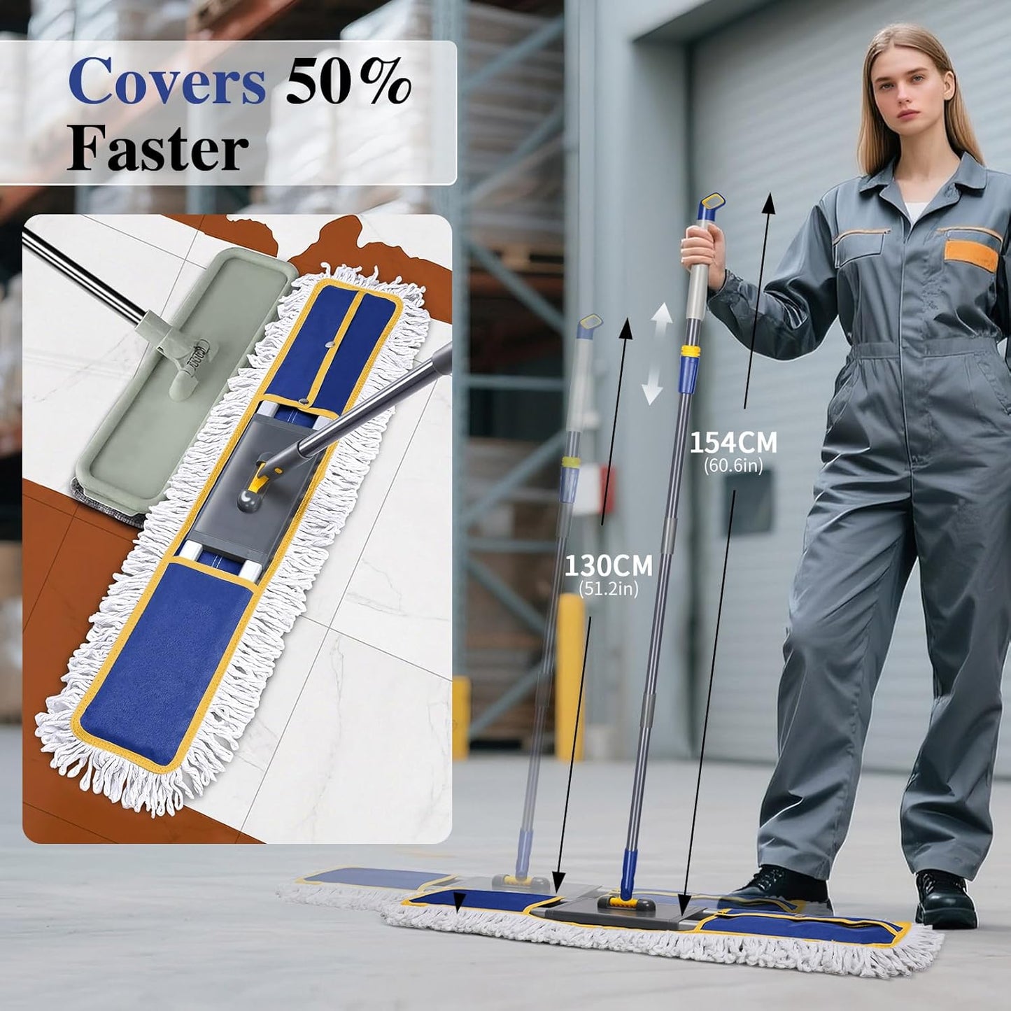 36" Commercial Mop for Floor Cleaning, Masthome Heavy Duty Industrial Mop with 3 Pads, Professional Microfiber Mops with 60'' Long Handle,Large Dust Mops for Office Garage Warehouse Factory Mall(Blue)