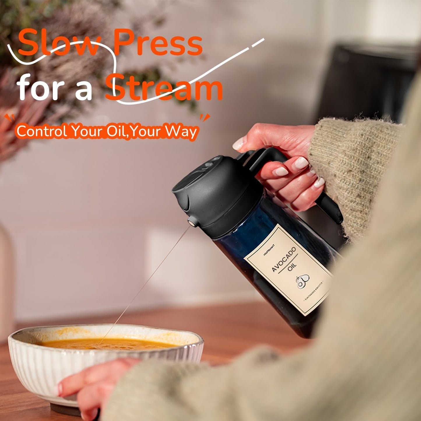 TrendPlain 16oz/470ml Blue Glass Olive Oil Sprayer for Cooking - 2 in 1 Olive Oil Dispenser for Kitchen Gadgets, Air Fryer, Salad, and BBQ - Black