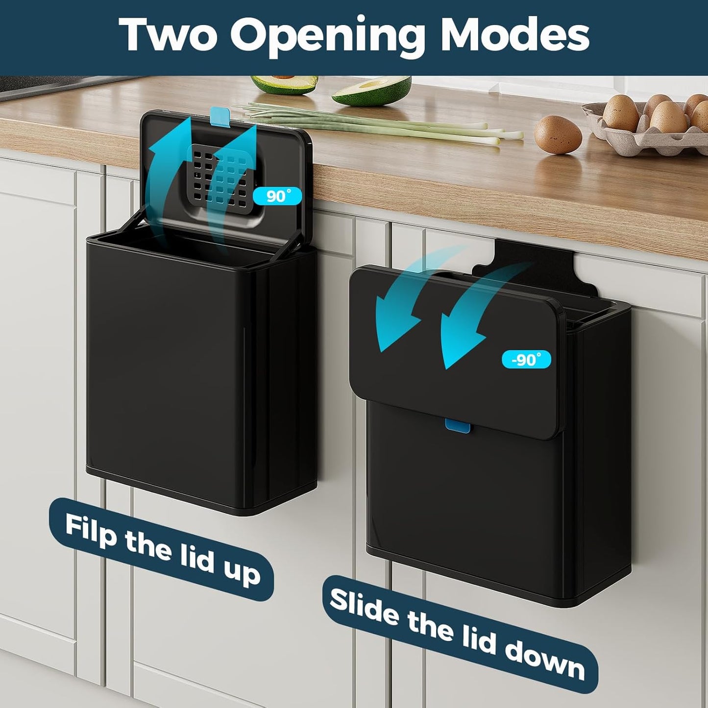 Stainless Steel Hanging Trash Can with Lid and Inner Bucket, 2 Gallon Kitchen Compost Bin for Counter Top, Under Sink or Wall Mount, Small Garbage Can for Cupboard/Bathroom/Bedroom/RV, Black