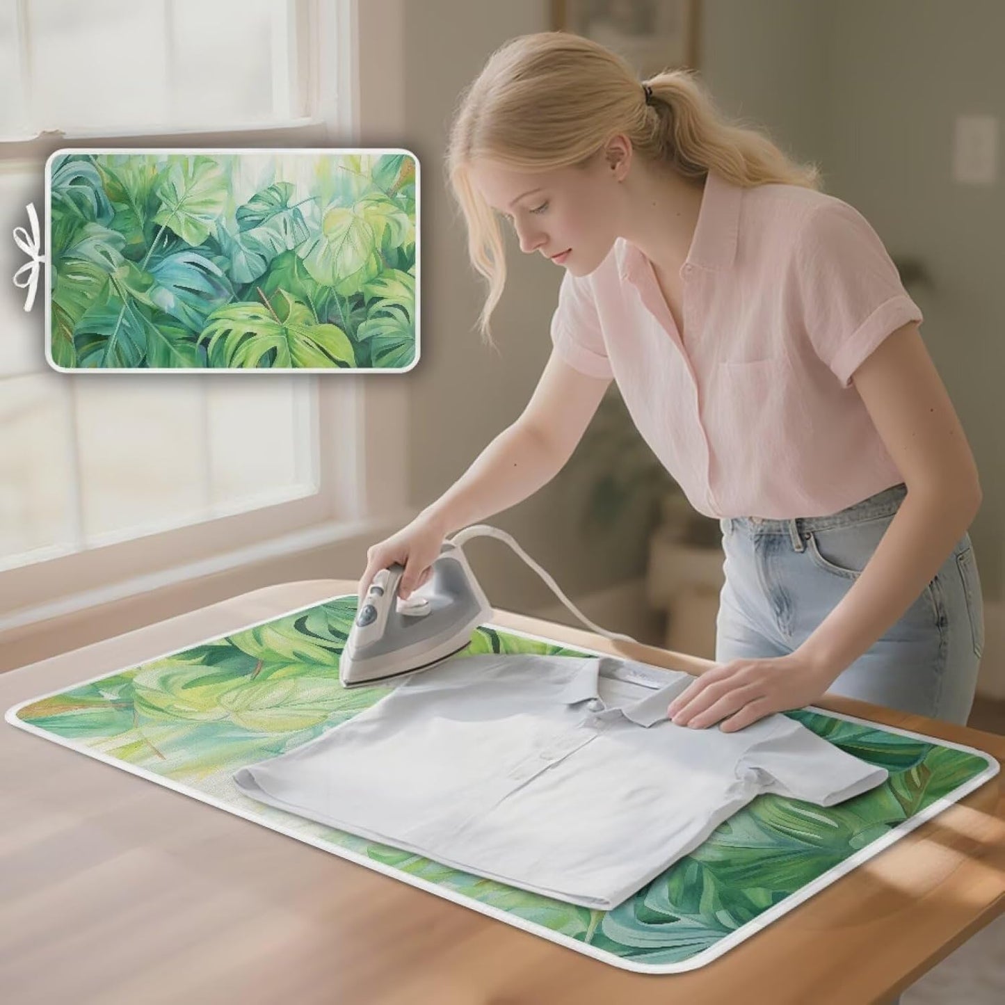 Green Ironing Mat Portable Ironing Pad Monstera Leaf 32 x 16 Inch Large Ironing Mat for Table Top of Washer, Dryer, Table Top, Countertop, Heat Resistant Iron Board Pads