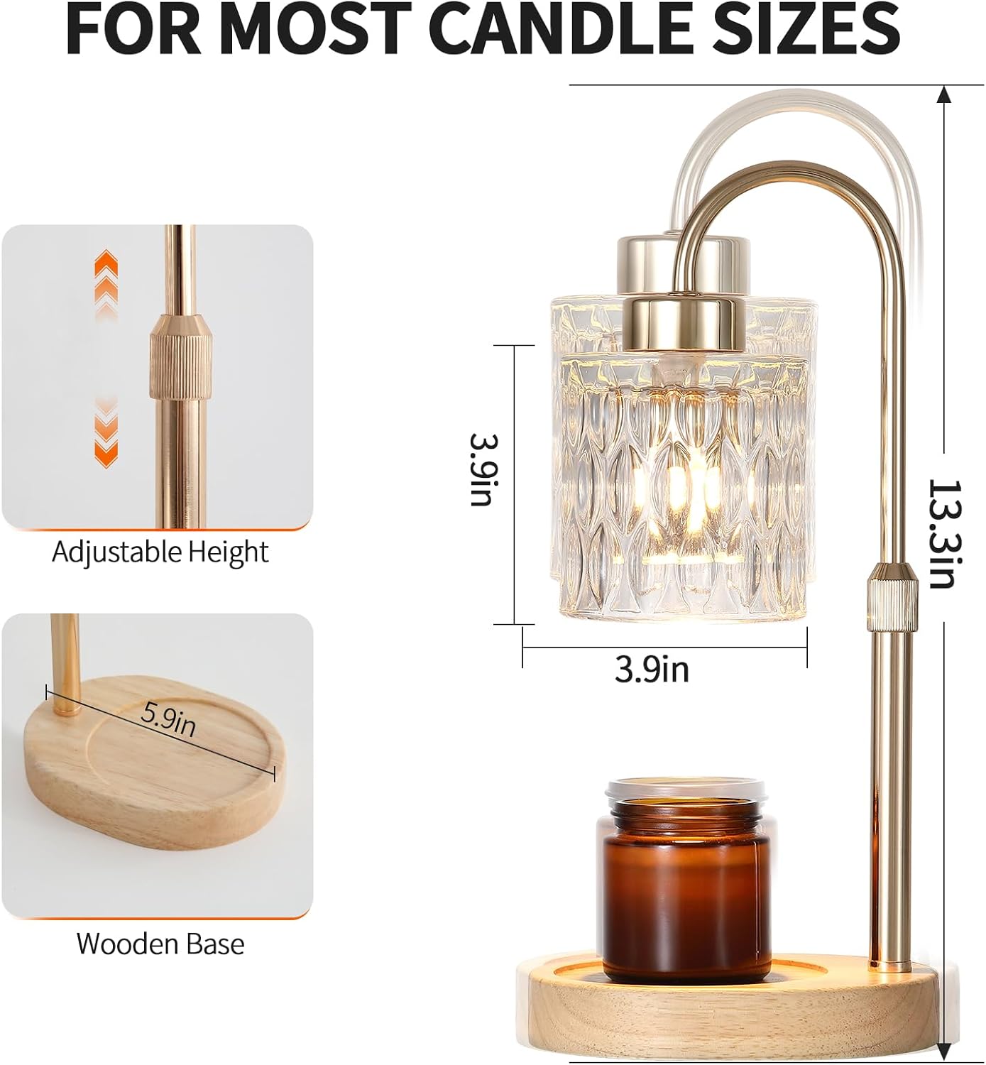 Gold Candle Warmer Lamp with Dimmer and Timer,Home Decor Lamp for Scented Jar,Electric Wax Melt Warmer,Mother's Day/Birthday/Christmas Gifts for Mom/Wife,Adjustable Height,with 2 Bulbs