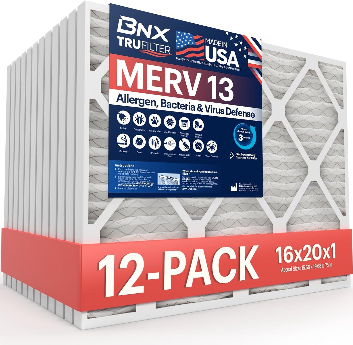 BNX TruFilter 16x20x1 MERV 13 (12-Pack) AC Furnace Air Filter - MADE IN USA - Electrostatic Pleated Air Conditioner HVAC AC Furnace Filters - Removes Pollen, Mold, Bacteria, Smoke