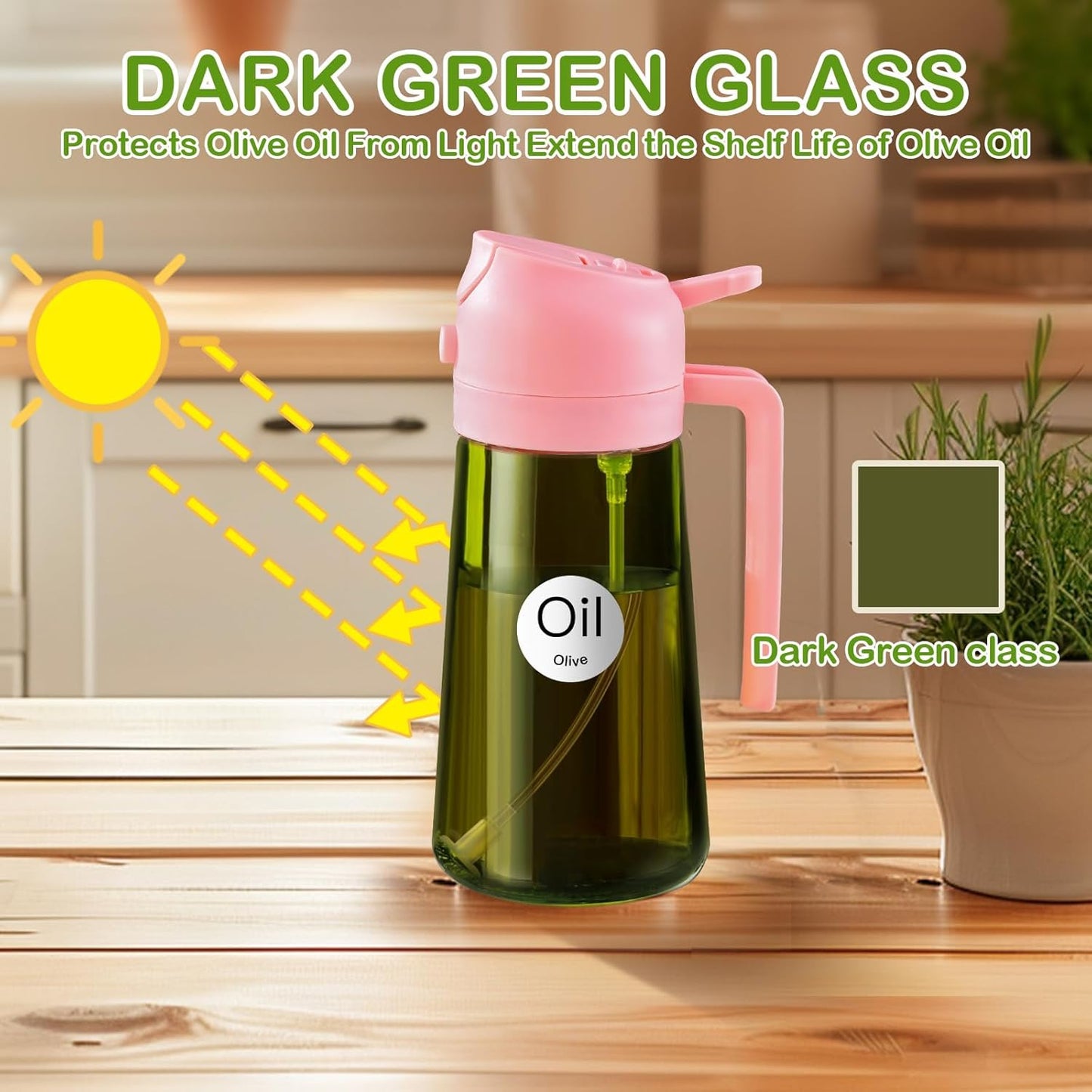 YARRAMATE 16oz/470ml Dark Green Oil Sprayer for Cooking with Stickers, Food-grade Premium 2 in 1 Olive Oil Dispenser Bottle for Kitchen Gadgets, Air Fryer, Salad, Frying, BBQ (Pink)