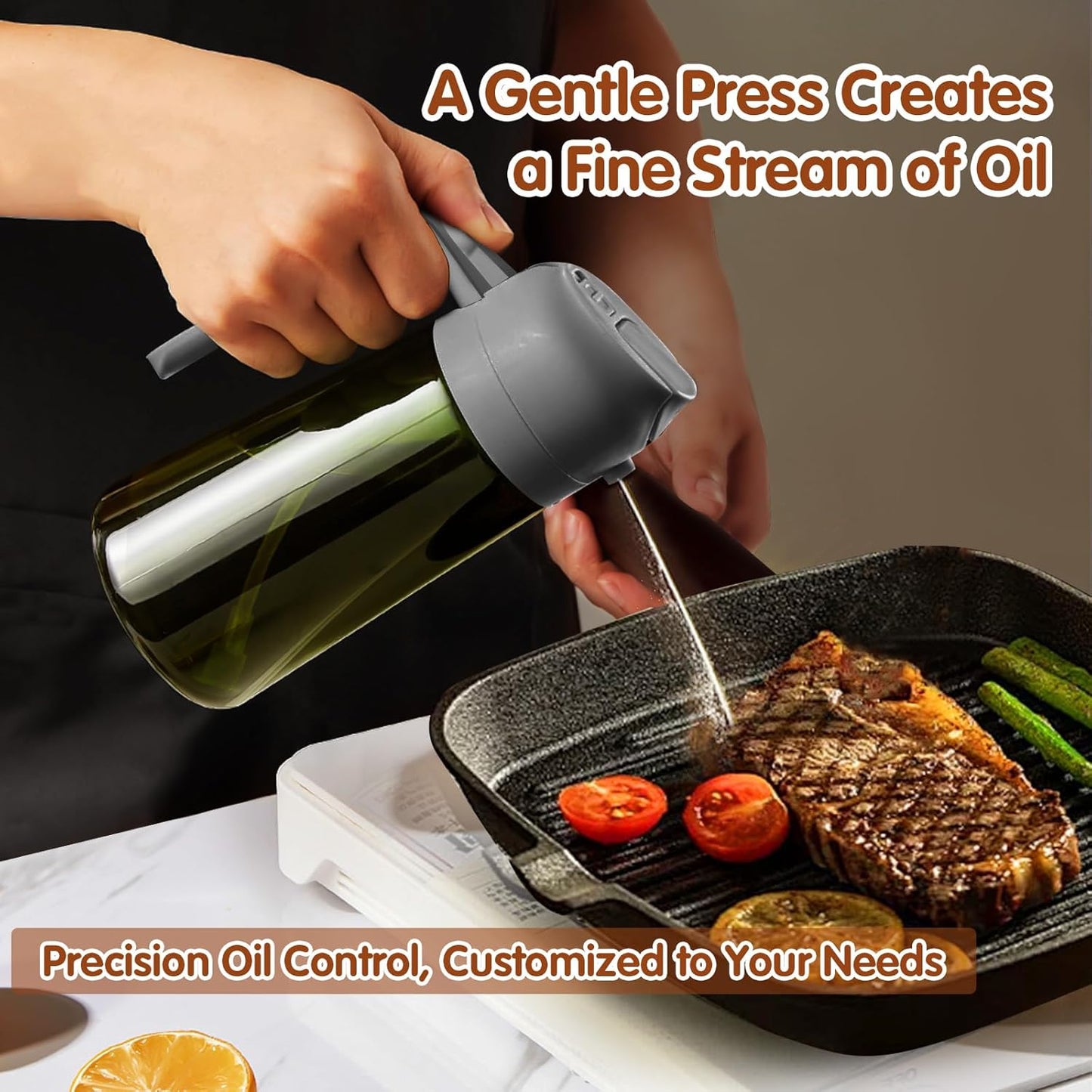 YARRAMATE 16oz/470ml Dark Green Oil Sprayer for Cooking with Stickers, Food-grade Premium 2 in 1 Olive Oil Dispenser Bottle for Kitchen Gadgets, Air Fryer, Salad, Frying, BBQ (Grey)
