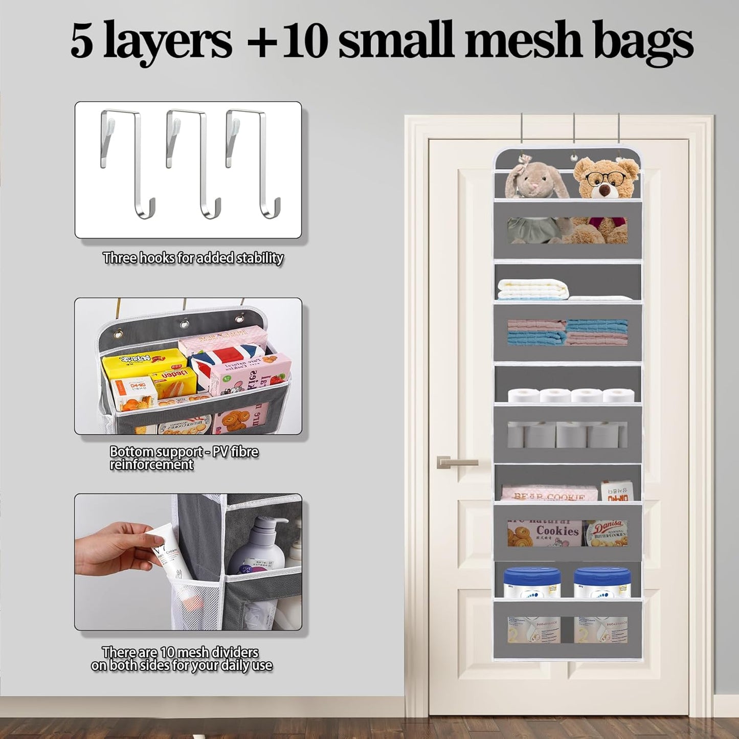 Over The Door Organizer, 5 Shelves Closet Door Hanging Storage and Organizer with 10 Mesh Pockets, Nursery Closet Organizer, Baby Essentials, Stuffed Animal Storage