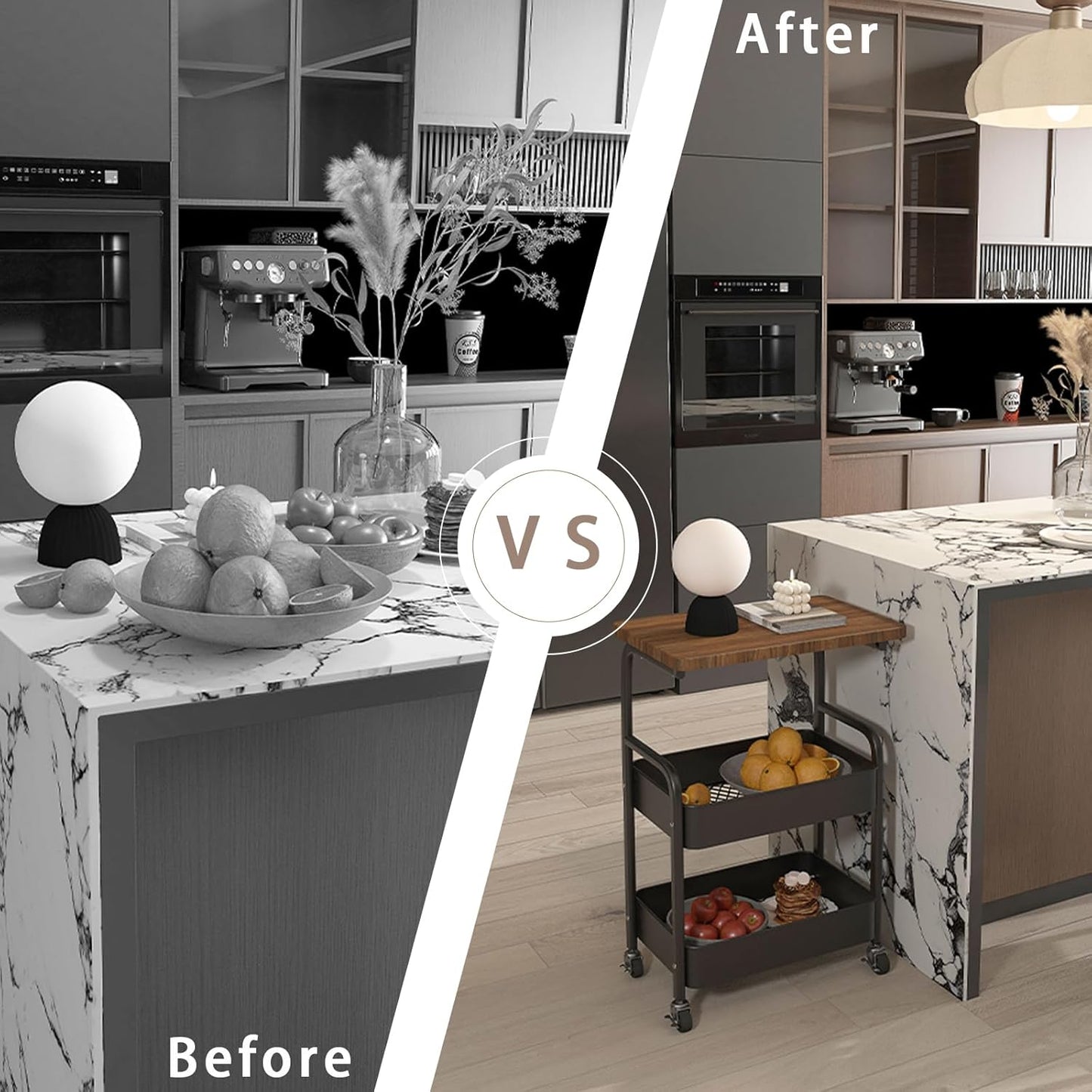 Rolling Cart with Wooden Tabletop 3-Tier Metal Utility Rolling Cart Storage Organizer with Lockable Wheels for Kitchen, Office, Bedroom