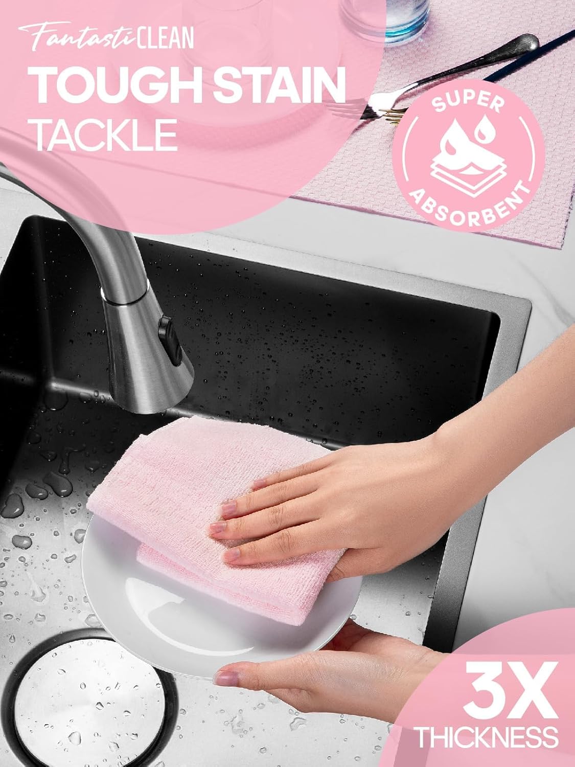 Fantasticlean Large Tear-Away Microfiber Cleaning Cloth Roll - 18'' by 12'', 36 Sheets, Thick Dish Cloths, Super Absorbent Reusable Kitchen Towels (Pink)