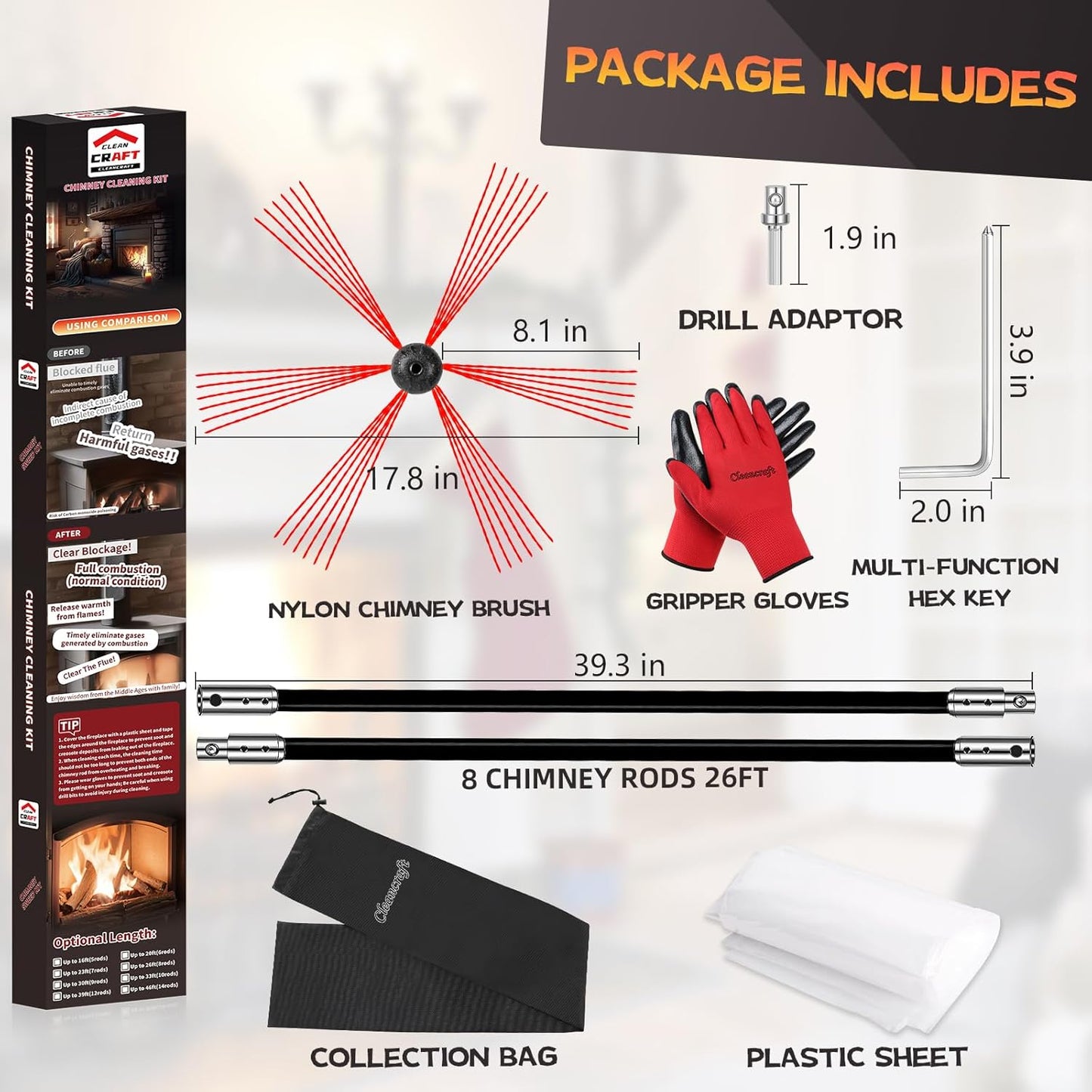 26 Feet Chimney Sweep Kit, Chimney Cleaning Kit with 8 Flexible Black Chimney Rods, Chimney Brush for Sweeping Fireplace, Rotary Chimney Cleaning System Driven by Drill