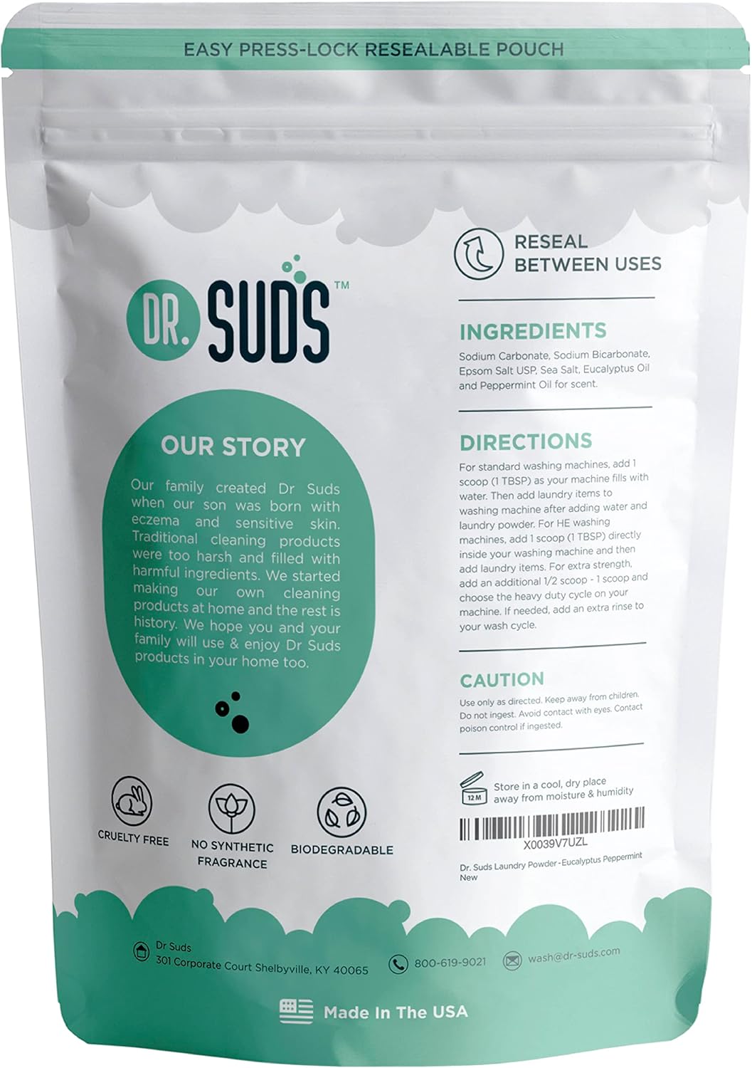 Dr Suds Natural Laundry Detergent Powder 4 Lbs 100+ Loads Scented with Eucalyptus and Peppermint Made with Natural Earth Ingredients Made in USA