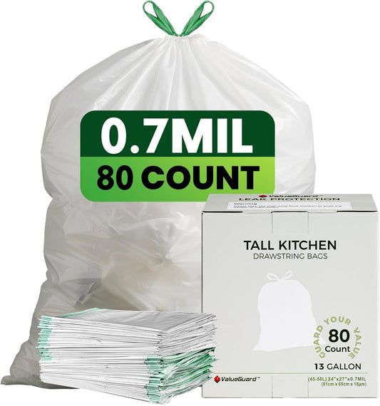 Large Trash Bag 13 Gallon Tall Drawstring 100% Post-Consumer Recycled Garbage Bag Waste Bag for Kitchen Office (80 Count, 0.7 Mil)