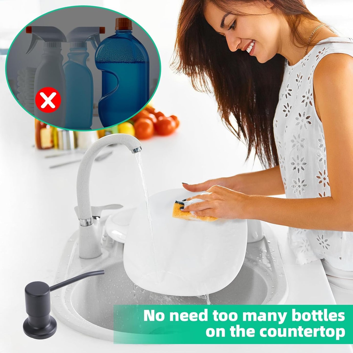 Soap Dispenser for Kitchen Sink, Built in Sink Soap Dispenser, Countertop Soap Dispenser Pump with 47" Extension Tube kit, No Need to Fill Little Bottle Again, Black