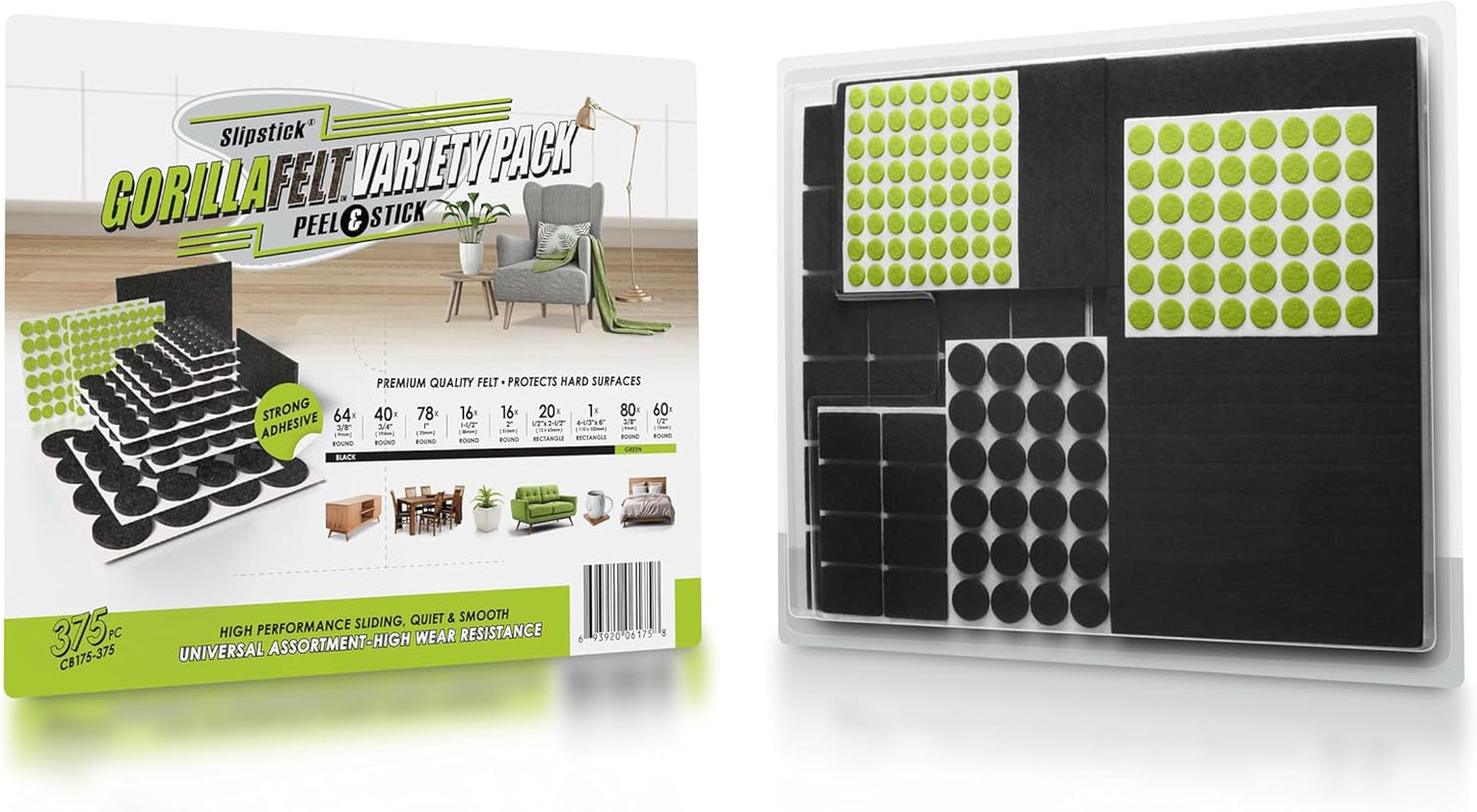 Slipstick Gorilla Felt Furniture Pads (375 Piece Variety Pack) Premium Furniture Pads & Chair Leg Floor Protectors for Hardwood Floors & Hard Surfaces