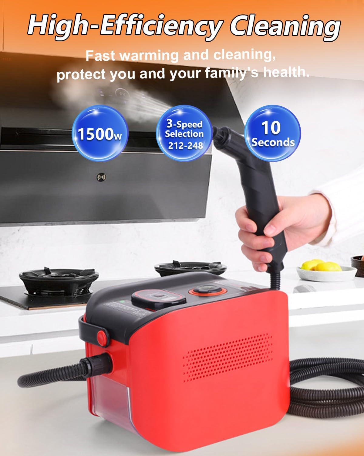 Handheld Steam Cleaner for Home, 10s Heat-Up/2.11 Qt Tank/4.5BAR High Pressure Steamer for Cleaning, 3 Level Pressurized Portable Steam Cleaner Handheld for Car, Grout, Tile, Dirt, Bed Bugs, Red