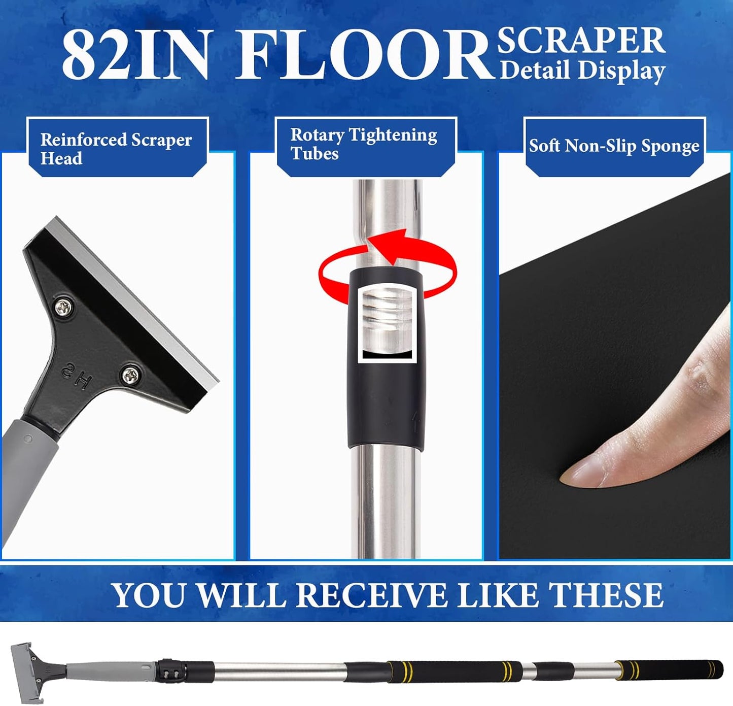 Floor Scraper Telescopic Pole,38 to 82in Heavy Duty 4Inch Razor Blade Long Handle Floor Scrapers Metal Paint Scraper with 10PCS Extra Metal Blades Paint Scraper (Gray, Telescopic 6Feet)