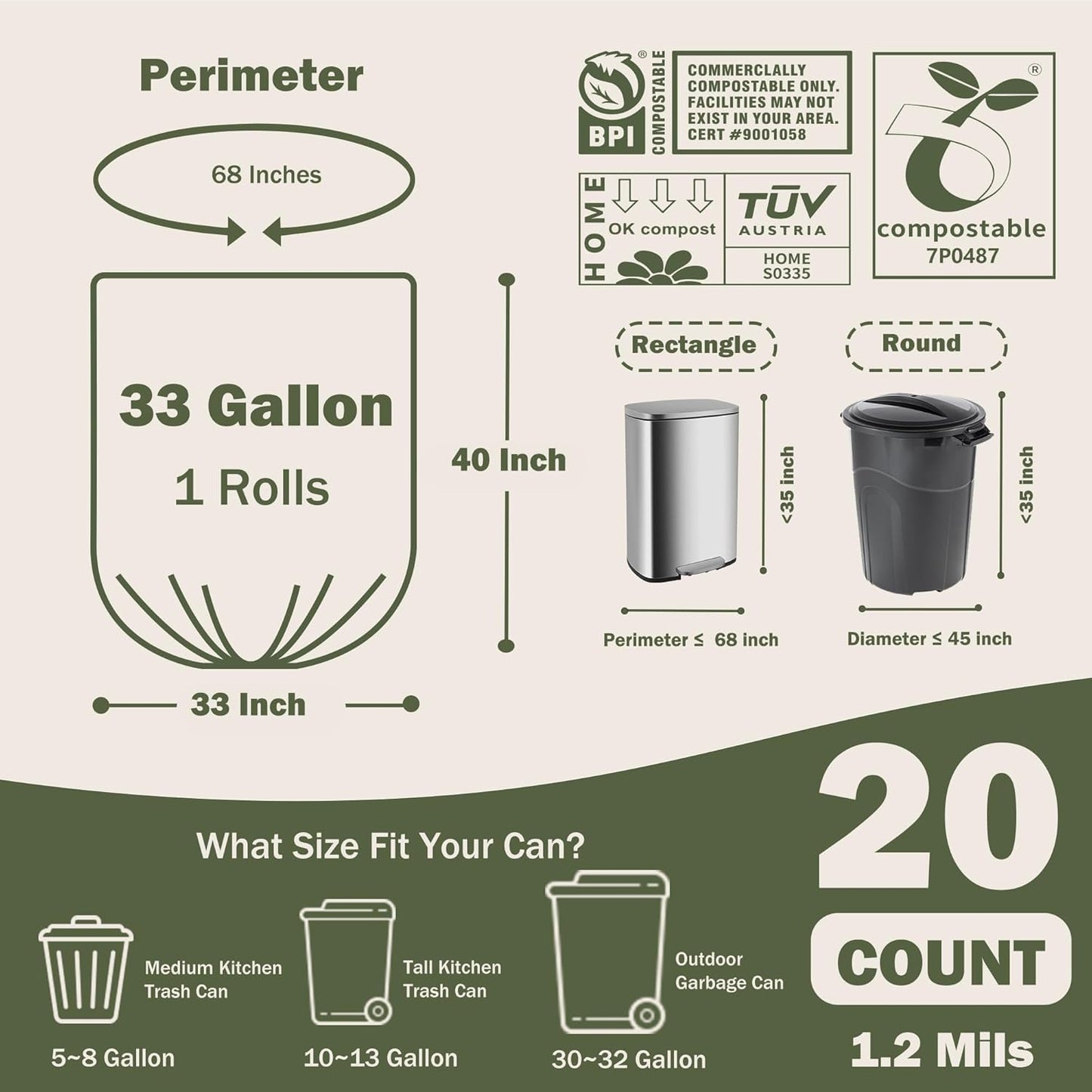 Compost Bags 33 Gallon 125 Liter Extra Thick 1.2 Mils Compostable Food Scrap Waste Bags with US BPI ASTM D6400 and Europe OK Compost Home Certified 20 Counts