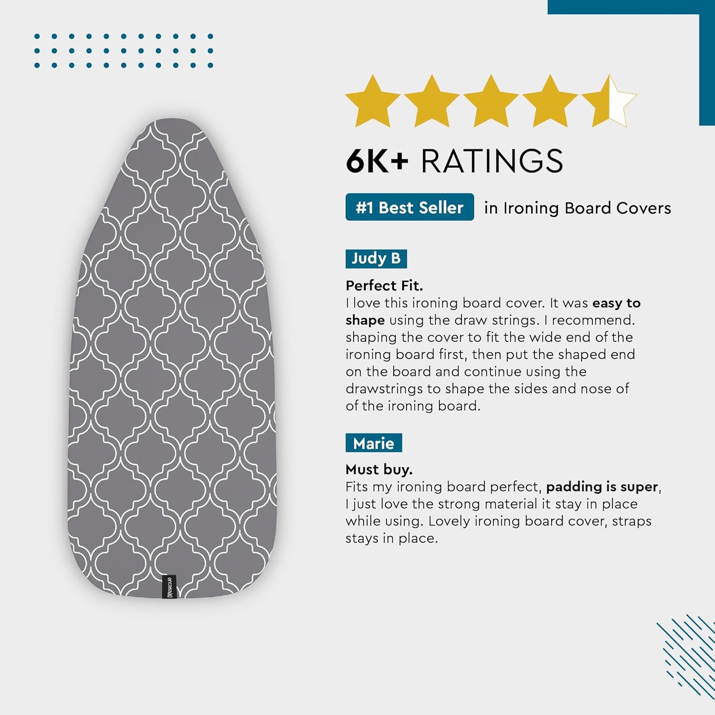 Encasa XO Ironing Board Cover and Pad 54"x15" - Thick 3mm Felt Padding, Drawstring Tightening & Lock, Easy Fit, Scorch & Stain Resistant, Fits Standard Large Ironing Board - Blue Moon