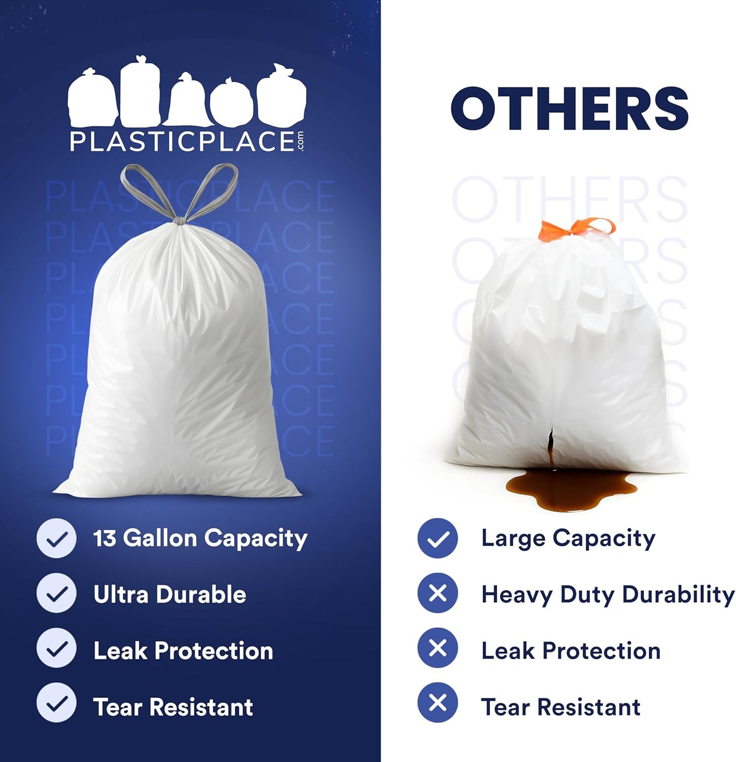 Plasticplace 13 Gallon Trash Bags â”‚ 1.2 Mil â”‚ White Drawstring Garbage Can Liners â”‚ 24" x 31", 200 Count (Pack of 1)