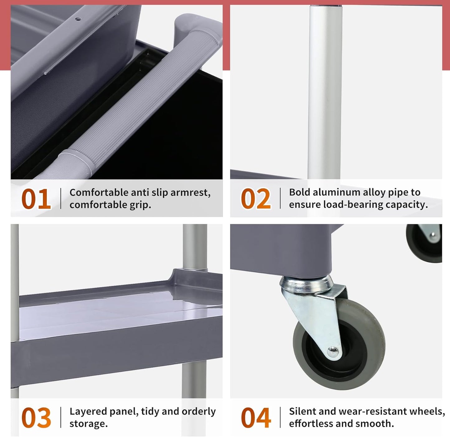3-Tier Utility Rolling Cart with Wheels, Durable Catering carts with Wheels, Rolling Storage Cart for Hotel Canteen Resturant Office (Grey, 37" L x 16.54” W x 31.5" H) (Gray, 31.4"D x 16.5"W x 37.7"H)