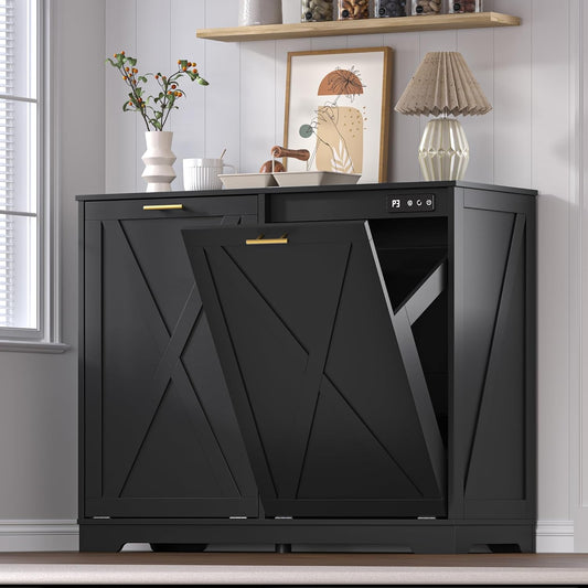 Tilt Out Trash Can Cabinet for 2 Bins, Hidden Recycle Garbage Bin Enclosure, Wooden Double Laundry Cabinet with Odor Control, Negative Ion & Ozone, for Kitchen, Bathroom, Laundry Room