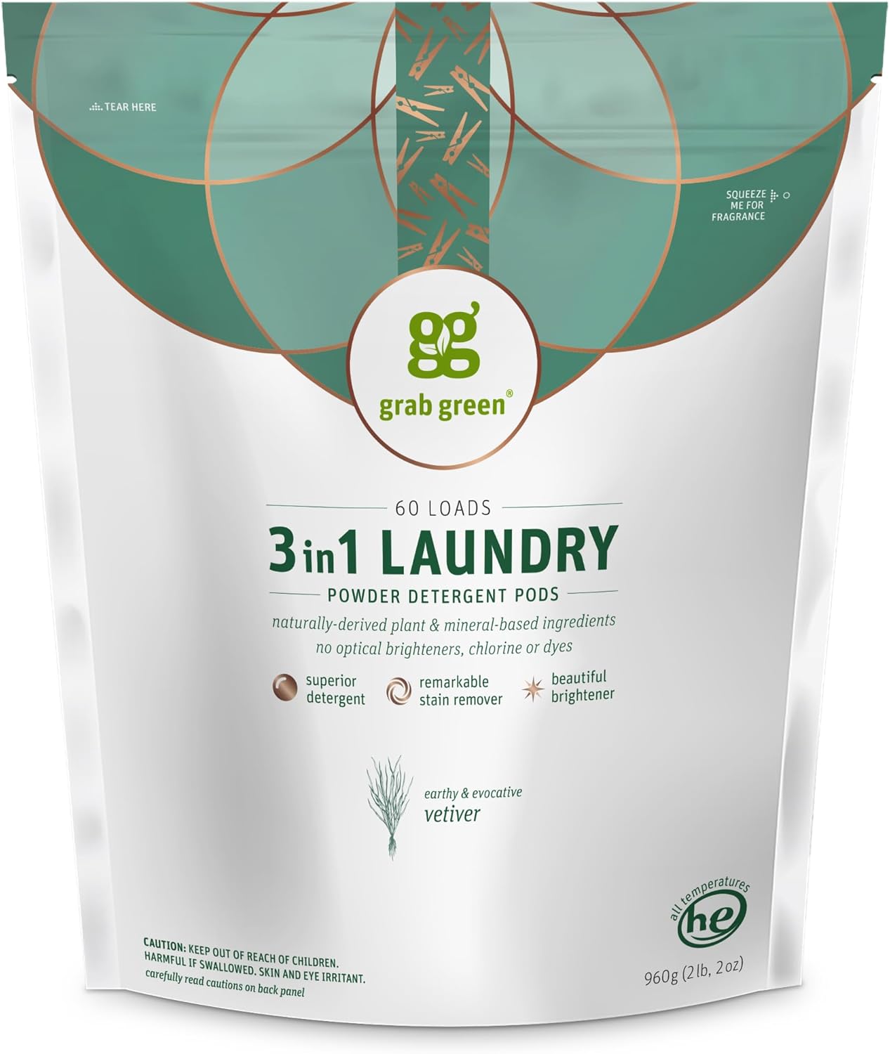 Grab Green 3-in-1 Laundry Detergent Pods, 60 Count, Vetiver Scent, Plant and Mineral Based, Superior Cleaning Power, Stain Remover, Brightens Clothes