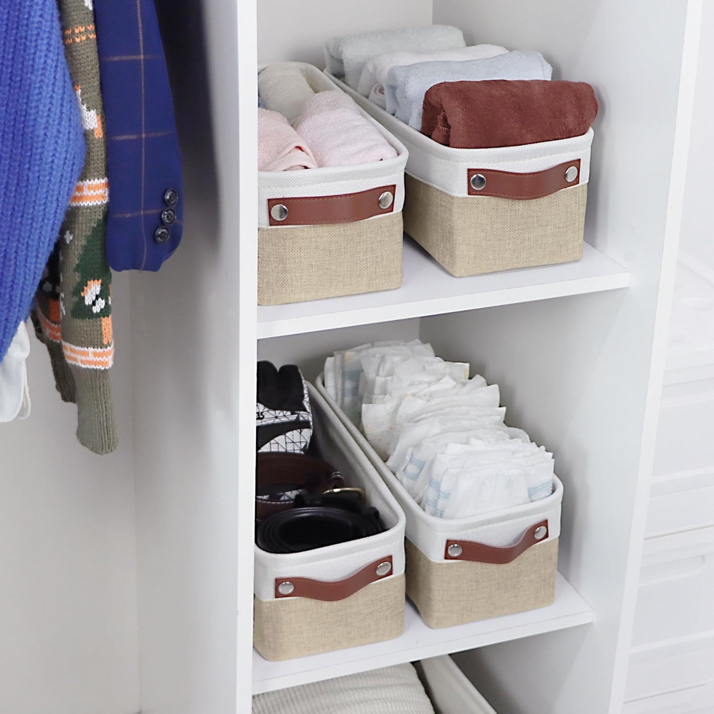 Univivi 4PC Long Narrow Storage Baskets, Small Fabric Storage Bins with PU Handles for Closet,Cabinet,Countertop Organizing Small Items(Khaki-15x6x5 inch)