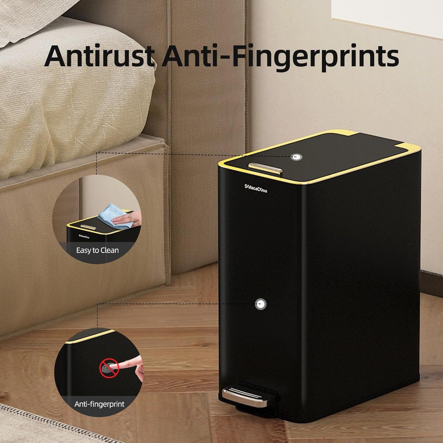 Stainless Steel Trash Can with Soft Close Lid,15 Liter/4 Gallon Garbage Can Kitchen Removable Wastebasket, Rectangular for Bathroom, Office (Black)