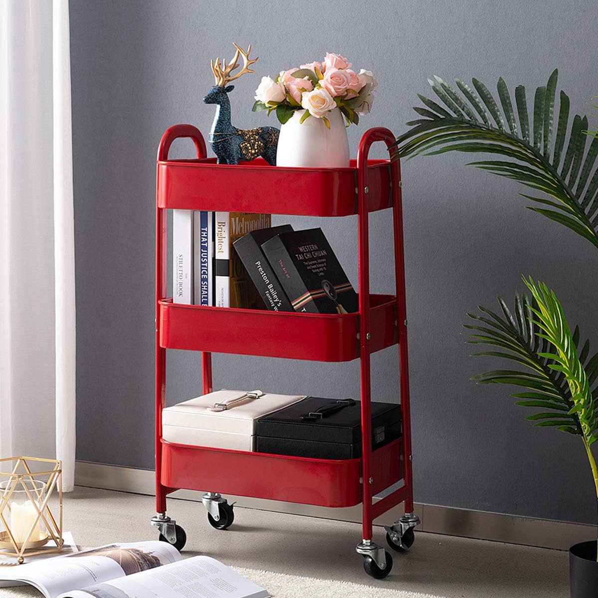 AGTEK Makeup Cart, Movable Rolling Organizer Cart, Red 3 Tier Metal Utility Cart