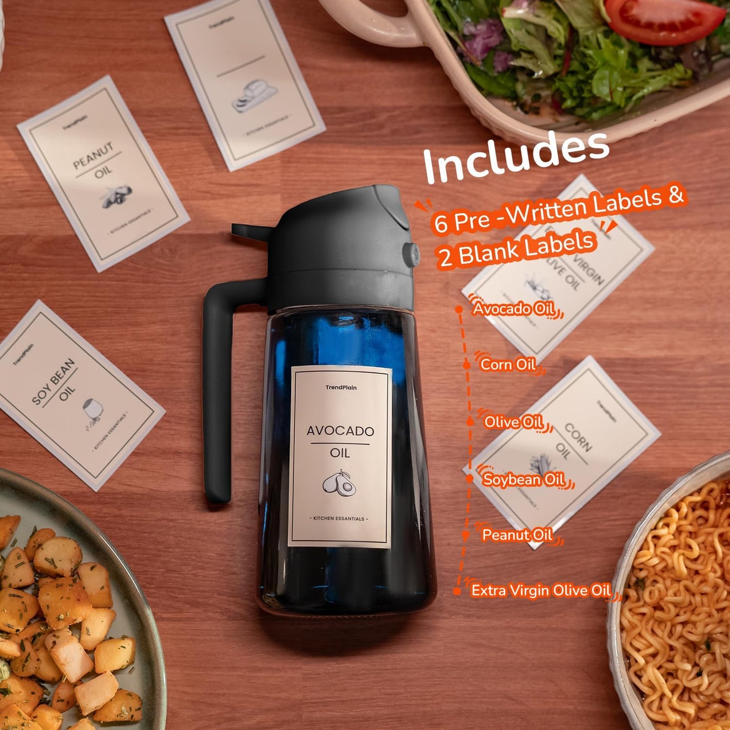 TrendPlain 16oz/470ml Blue Glass Olive Oil Sprayer for Cooking - 2 in 1 Olive Oil Dispenser for Kitchen Gadgets, Air Fryer, Salad, and BBQ - Black