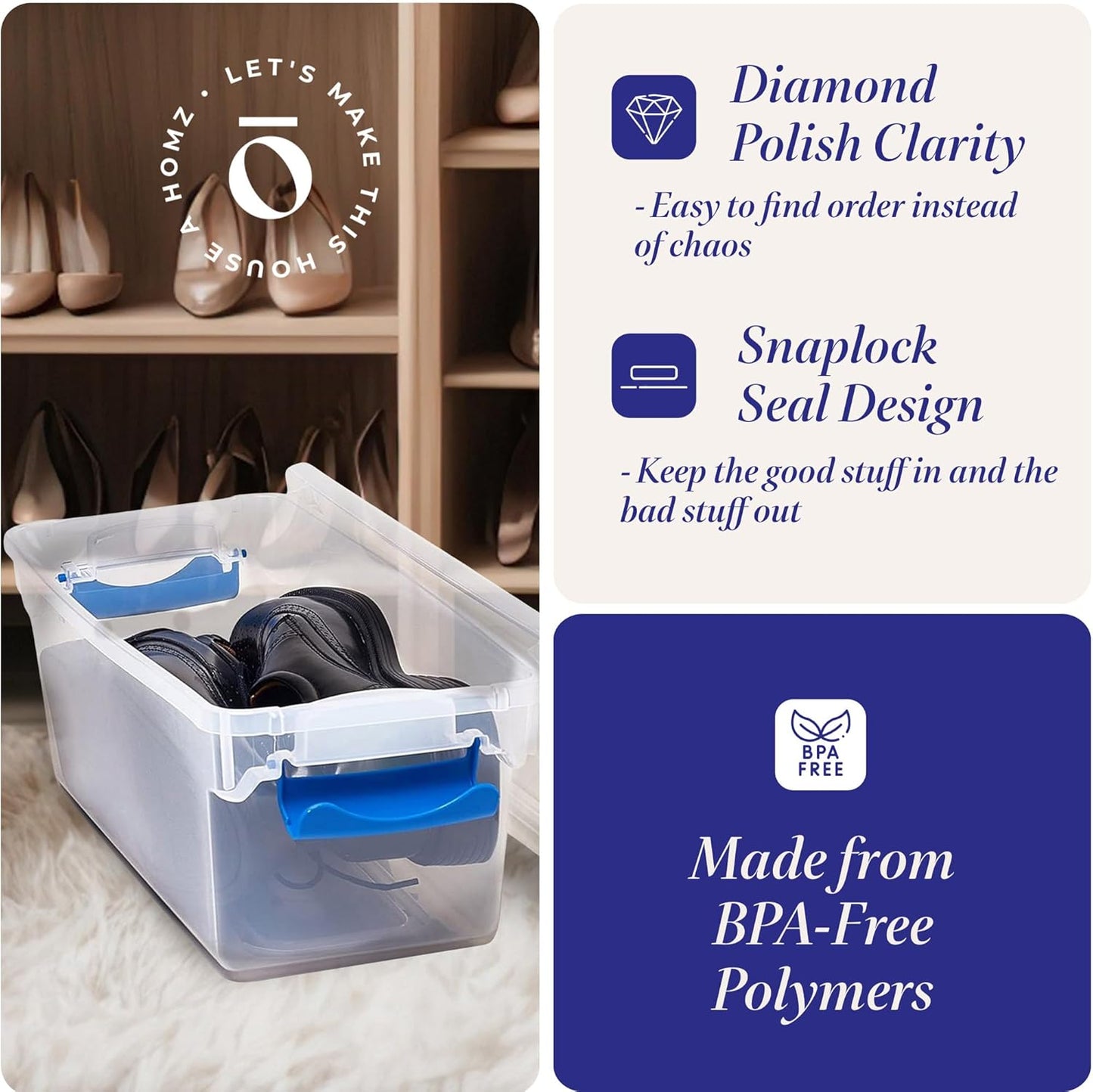 HOMZ 5-Pack Latching Lid, Clear Plastic Storage Organizer Bins, 7.5 Quart, Blue Latch - Stackable Organizing Containers for Home, Garage, and Office