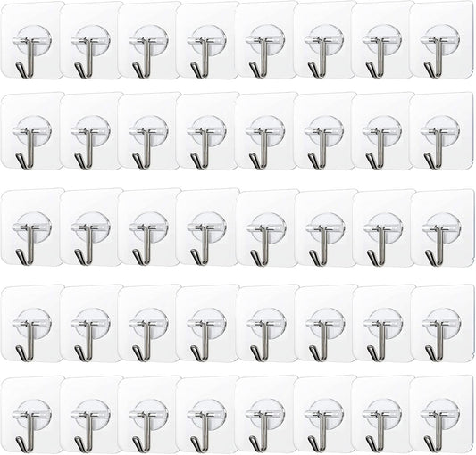 COLOGO 100 Pack Adhesive Hooks 24lb(Max) Heavy Duty Self Adhesive Hooks, Transparent Reusable Seamless Adhesive Wall Hooks for Kitchens, Bathroom, Office