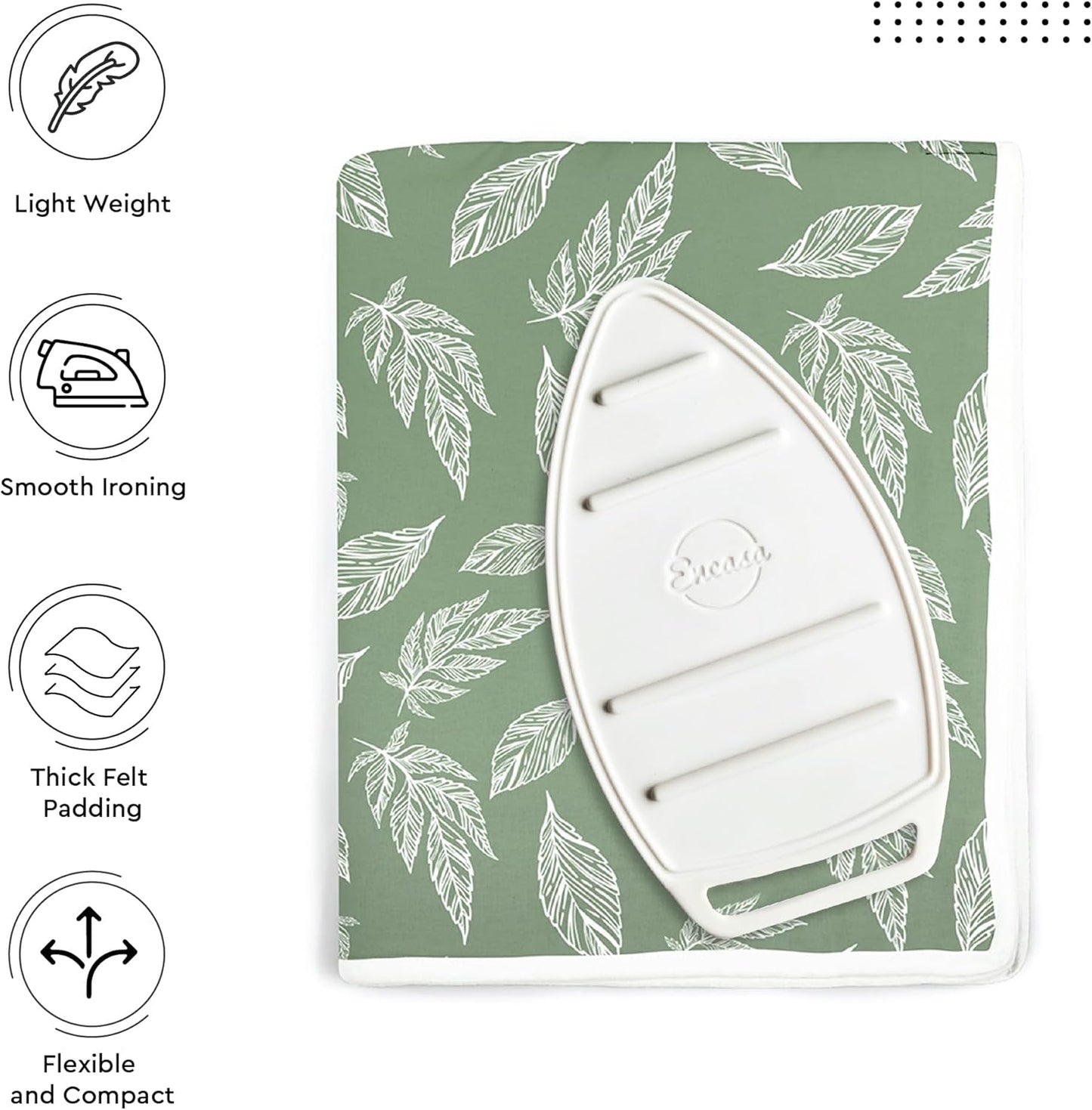 Encasa XO Ironing Mat/Pad (Large 48"x28") with 3mm Padding & Silicone Iron Rest for Steam Pressing on Tabletop or Bed - Heat Resistant, Portable, Quilting & Travel Blanket - Big Leaves Green