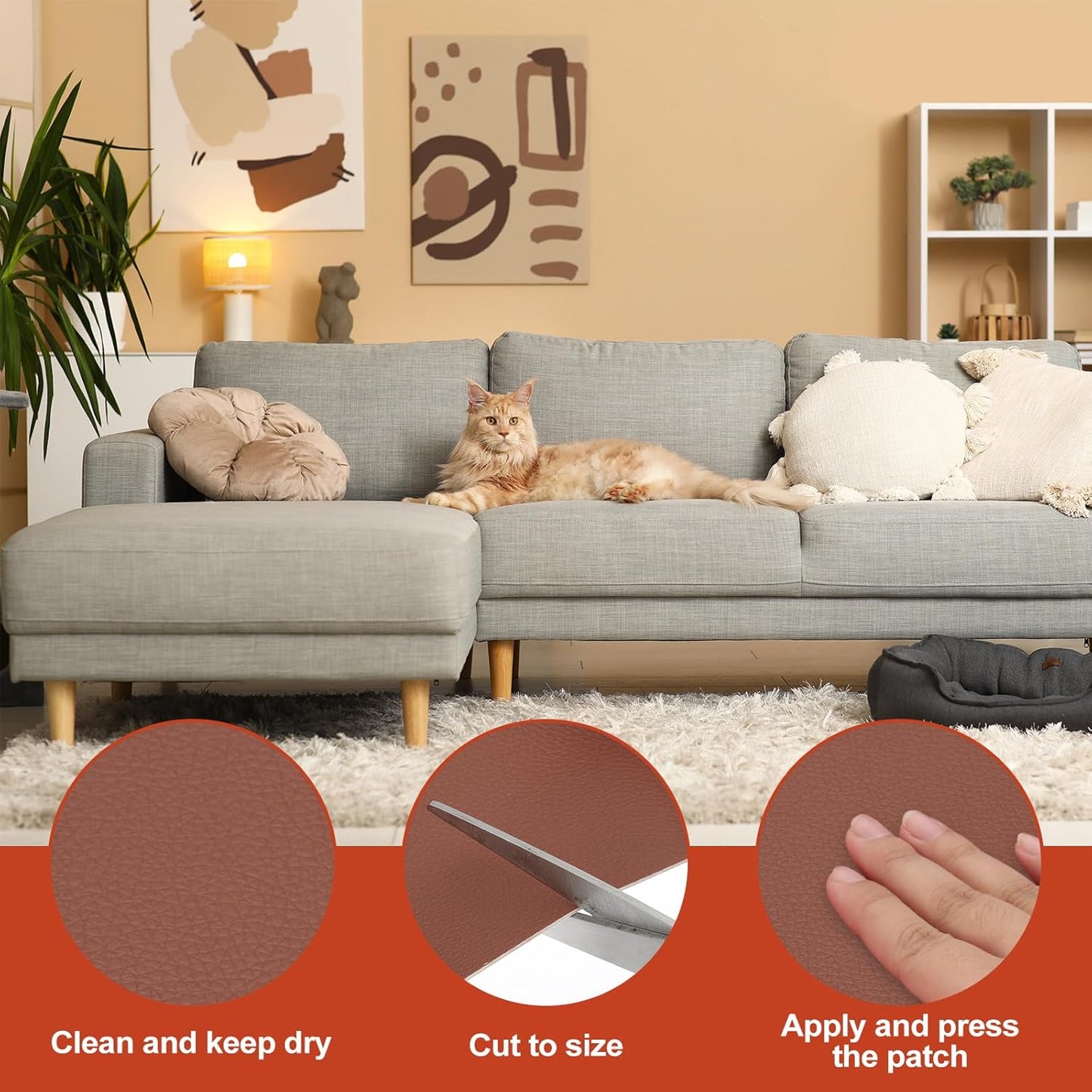 PATIKIL Leather Patches Tape for Furniture, 3.2 x 61 Inch Self Adhesive Vinyl Leather Repair Kit Cover Sheet for Couch, Sofa, Car Seats, Office Chair, Caramel Brown