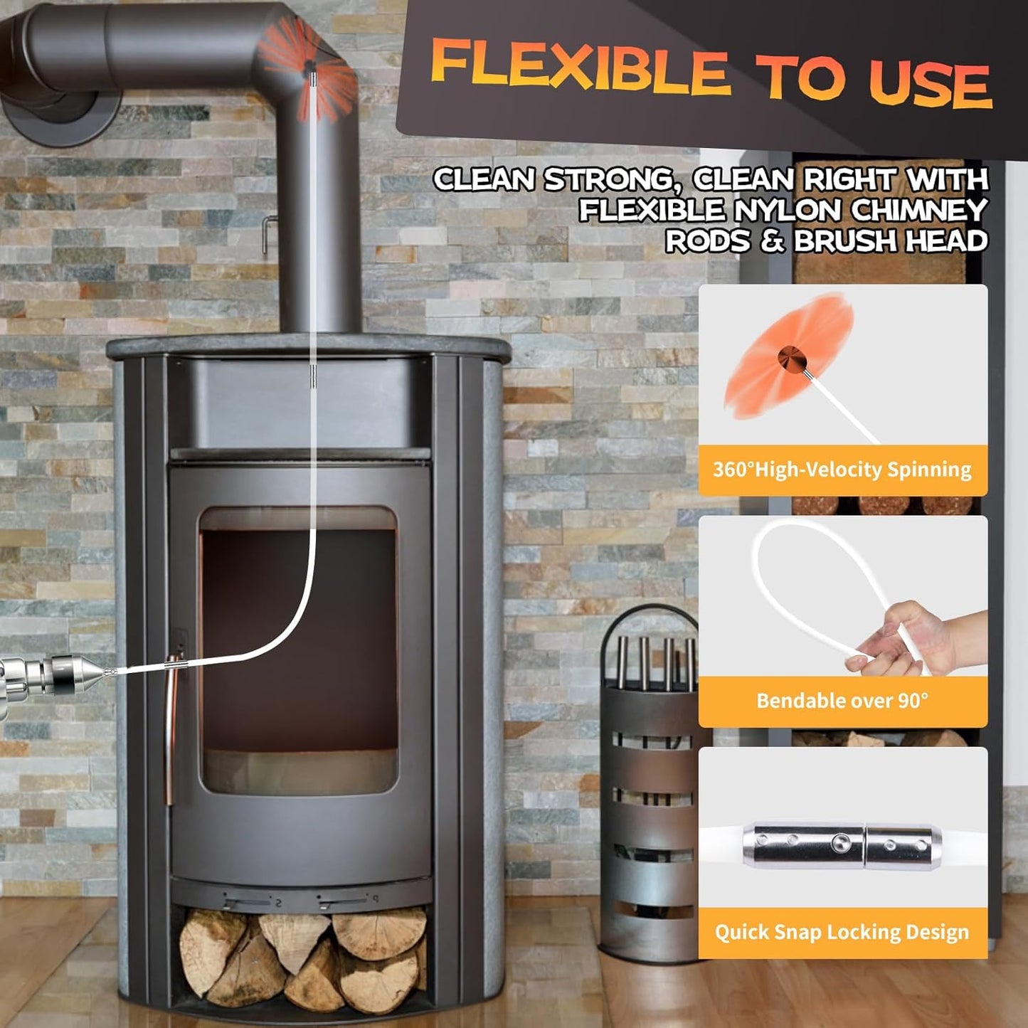 Chimney Sweep Kit - 33 Feet, 10 Flexible Rods, Brush & Drill-Driven Rotary System