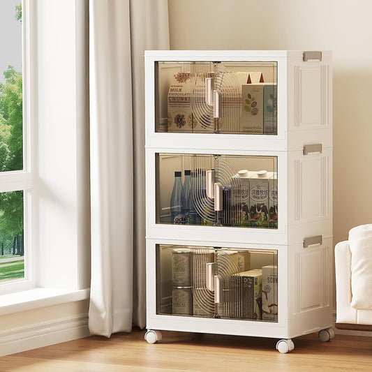 Elegant 3 Tiers Stackable Storage Bins for Home Organization, Moveable Plastic Storage Bins with Lids, Easy Assembled Storage Box for Closet Organizers and Storages Dorm 22" W x 12.4" D x 37.6" H