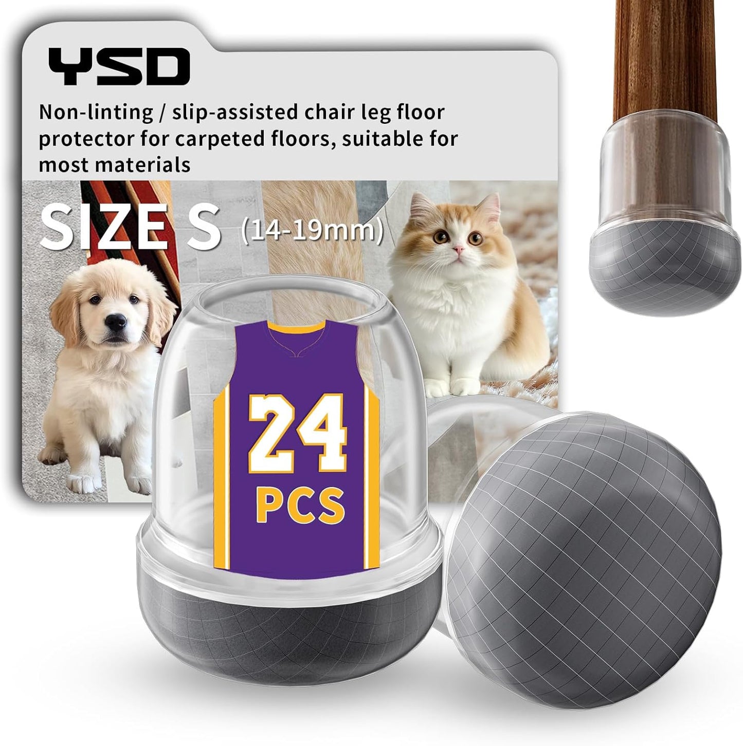 YSD 0.75Inch 24 Pcs Silicone Chair Leg Floor Protectors,Hair and dust Resistant Round Chair Leg Caps for Tilt Chair Legs,Carpet Hardwood Floor Protectors with Gray Pads