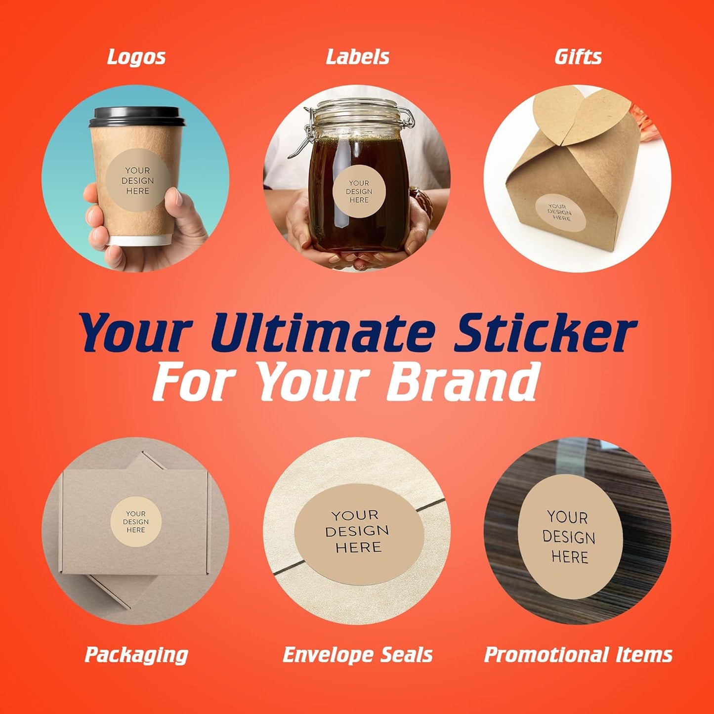 100 Custom Vinyl Stickers - Upload Your own Image, Text, Design, Logo - Personalized Logo Labels for Handmade, Packaging, Bottle, Jars, Candle, Brand Stickers (Brown, 2x2)