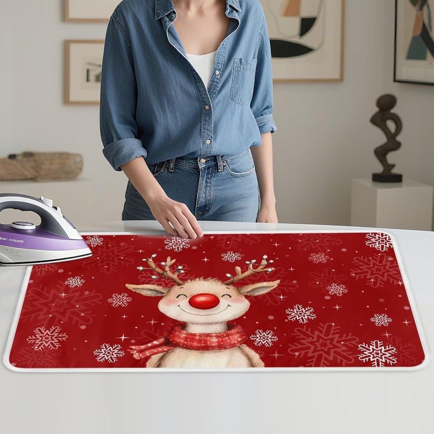 Red Ironing Pad Christmas Ironing Blanket Thick Travel Iron Pad Heat Resistant Ironing Board Cover for Table Top, Washer, Dryer,32 x 16 Inch Deer Ironing Mats